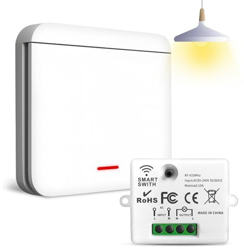 Ghekkli Kabelloser Schalter 433 MHz – kabelloser Wechselschalter mit Empfänger – Intelligenter kabelloser Wandschalter – Steuerung von Beleuchtung und Steckdosen (2200 W/10 A) – Einfache Installation