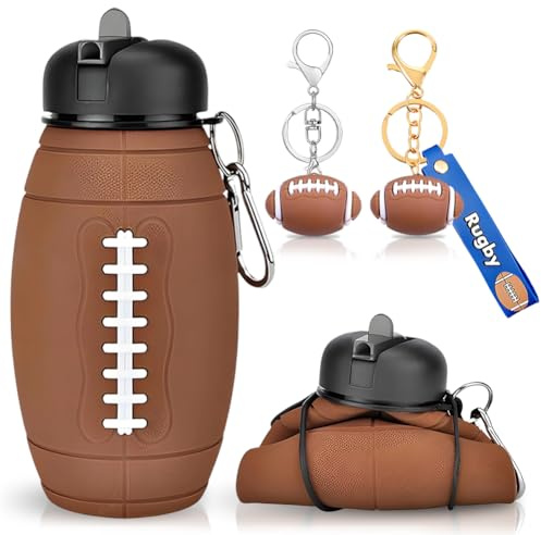 JhavexToy Gourde de sport (basket-ball/baseball/tennis/rugby/volley-ball/golf/billard) 550 ml, gourde pliable en silicone avec porte-clés pour les garçons, les enfants (rugby)
