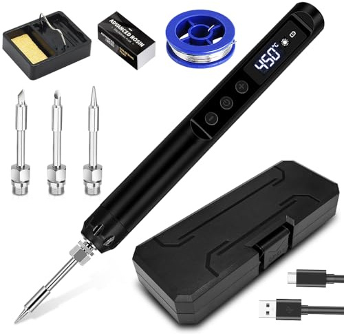 Akku Lötkolben Set, USB Lötkolben mit LCD, Temperatur Einstellbare AkkU Lötpistole, Mini LöTkolben mit 3 LöTKOlbenspitzen Usw Professionelles (Black)