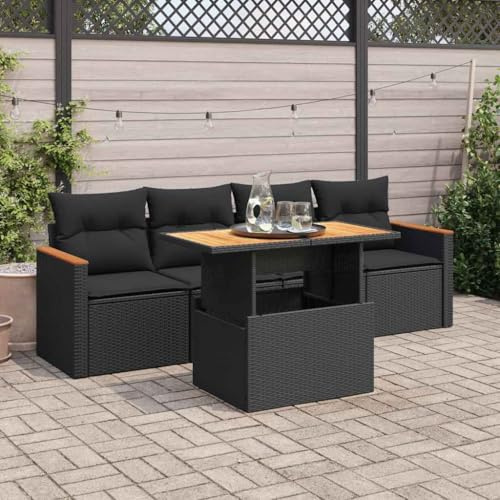 Owoxanthellate Schwarze Gartenmöbel Set 5-teilig Poly Rattan Akazie Eckbank mit Stauraum 270 cm Breite Moderne Lounge für Terrasse Balkon Außenbereich