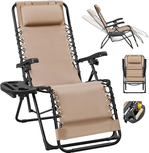Yaheetech Sonnenliege Liegestuhl Klappbar Gartenliege mit Kopfkissen & Becherhalter Tragbare Relaxliege für Strand/Garten/Balkon, Beige