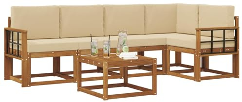 vidaXL Outdoor-Sofagarnitur mit Kissen 6 pcs Natur und Beige, Cooles Garten-Sofa, modernes Outdoor-Eckmöbel, langlebige Terrassen-Sitzgelegenheit, gemütliches Lounge-Set für die Terrasse