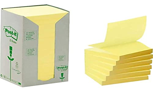Post-it Haftnotiz Recycling Z-Notes Tower, Gelb - 16 Blöcke, 76 mm x 76 mm, 100 Blatt pro Block, Pastellgelb - Selbstklebende Notizzettel aus 100% Recyclingpapier