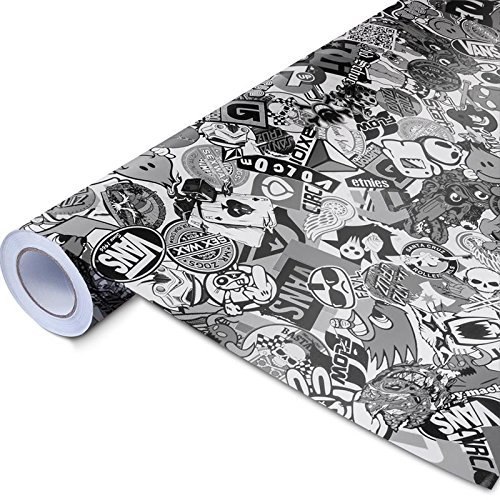 Auto-Dress® Stickerbomb Auto-Folie mit Luftkanal-Technik für 3D Car-Wrapping | Mit Marken & Logos, JDM Kfz Aufkleber (100x150cm, Design: Skate, Farbe: Schwarz-Weiß, Finish: Glanz)