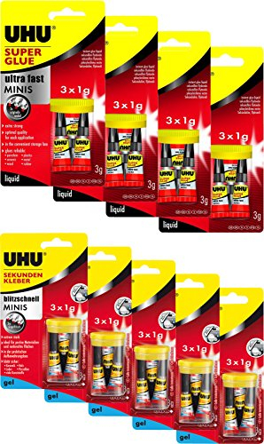 UHU 45415 + 45370 Sekundenkleber Blitzschnell Minis Kombi-Set (5 Packungen flüssig + 5 Packungen Gel)