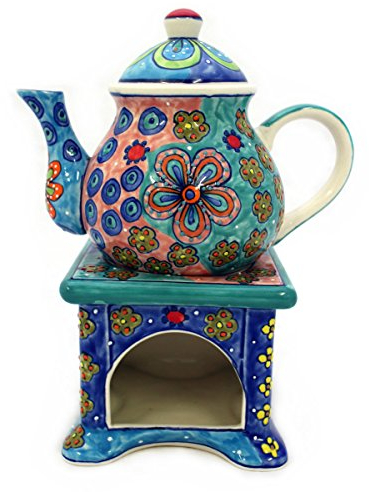 Teekanne Keramik handbemalt bunt (Daisy mit Stövchen)