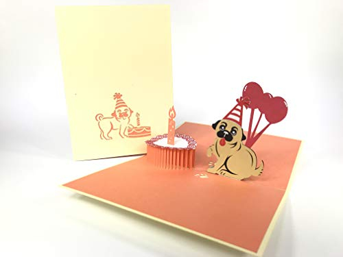 Pop-Up-Grußkarte mit Mops-Motiv, zum Jahrestag, zum Geburtstag, Ostern, Muttertag, Dankeschön, Valentinstag, Hochzeit, Kirigami, Papierhandwerk, Postkarten