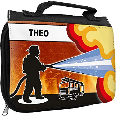 Kulturbeutel mit Namen Theo und Feuerwehr-Motiv für Jungen | Kulturtasche mit Vornamen | Waschtasche für Kinder