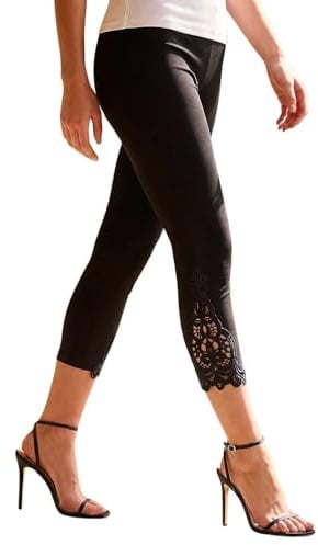 Roman Originals Lace Cropped Trousers for Women UK - Ladies Three Quarter Pants 3/4 Length Lacey Trim Stretch High Waisted Bengaline Smart Office Work Going Out Party Leggings