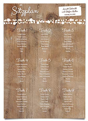Hochzeit Sitzplan Plakat Tisch Sitzordnung individuell DIN A3 - Holz Lichtgirlande