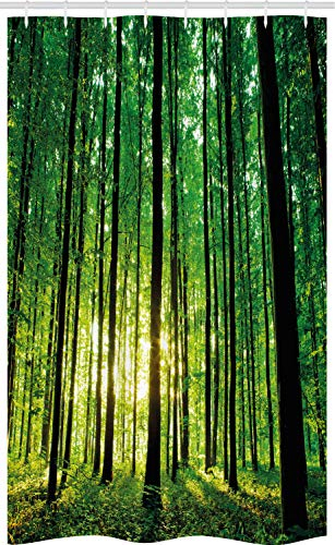 ABAKUHAUS Wald Schmaler Duschvorhang, Grüner Wald Sonnenaufgang, Badezimmer Deko Set aus Stoff mit Haken, 120 x 180 cm, Schwarz Grün Gelb