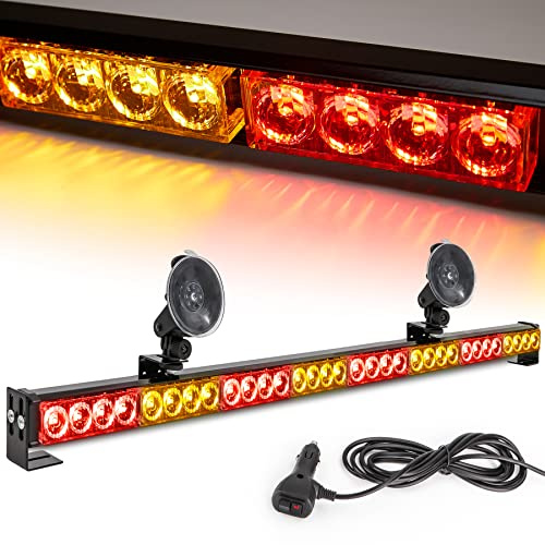 Barre lumineuse stroboscopique d'urgence ambre/rouge 91,4 cm, 13 modes de flash, avertissement, pare-brise, barre lumineuse de sécurité avec allume-cigare pour véhicules de police, camion (90 cm