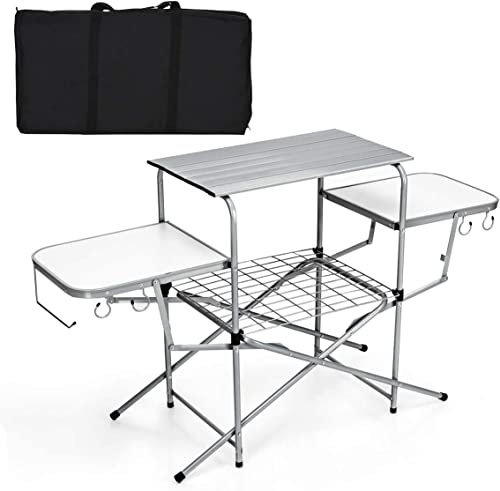COSTWAY Folding Aluminum Camping Table, Kitchen Work Table with 2 Side Tabletops, Hooks and Carrying Bag, Indoor Outdoor Lightweight BBQ Catering Picnic Table (without Windshield, Cabinet, Silver)