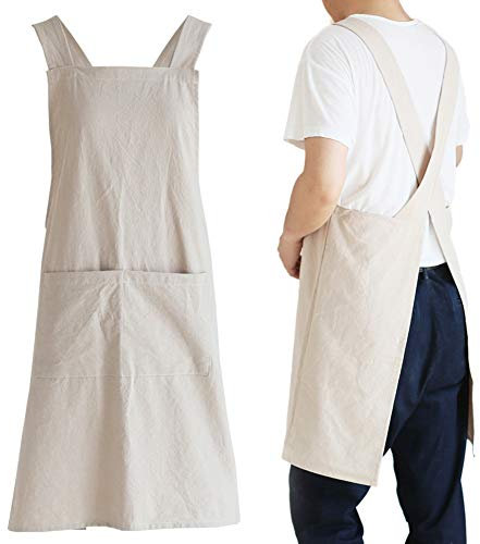NEWGEM Delantales de cocina japoneses de lino con espalda cruzada para hombre con bolsillos para hornear, pintura, jardinería, limpieza, color caqui