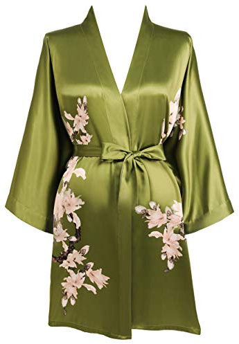 BABEYOND Satin Kimono Dressing Gown Short Floral Printed Kimono Robe Long Knee Length Kimono Dress Cover Up for Women Wedding Pyjamas Party