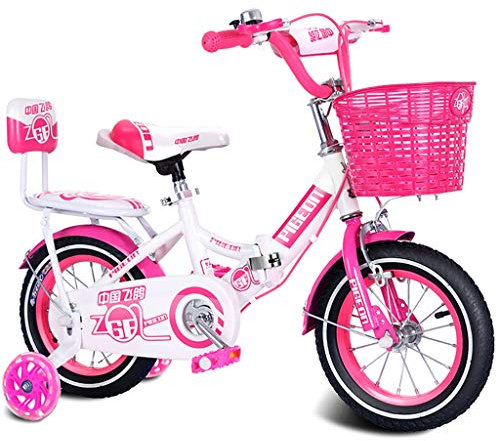 ZSH Bicicletta for Bambini Pieghevoli, Biciclette for Bambini Ragazze Freestyle con I Pedali, 12/14/16/18 Pollici, con Le Rotelle, Sedile Posteriore E Cestino, Rosa (Size : 16in)