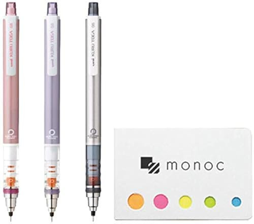 monoc Uni Kuru Toga Standard Model Auto Lead Rotation Mechanical Pencil 0.5 mm, Body Color(Baby Pink, Violet, Silver), 3-Pack Sticky Note(Japan Import)