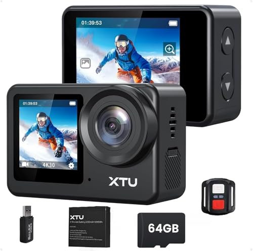 XTU S6 Camara Deportiva 4K30FPS, Camara Acuatica SuperSmooth 4.0 EIS Estabilizador, Soporte Gyroflow, Doble Pantalla con Tarjeta 64GB SD, Mando a Distancia, Admite Control por Voz