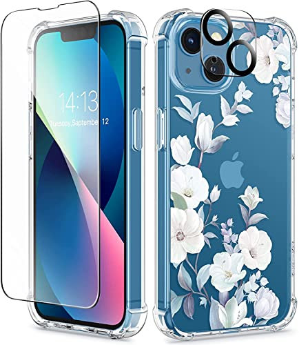 GVIEWIN Compatible with iPhone 13 Case 6.1 Inch 2021 5G, with Tempered Glass Screen Protector+Camera Lens Protector, Flower Clear TPU Slim Bumper Shockproof Protective Soft Phone Cover, Hibiscus