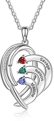 Lam Hub Fong Personalisiert Namenskette Herz Halskette mit 2-5 Namen Geburtsstein Kette Damen mit Gravur Mutter Schmuck Geschenke für Muttertag Weihnachtstag Geburtstage