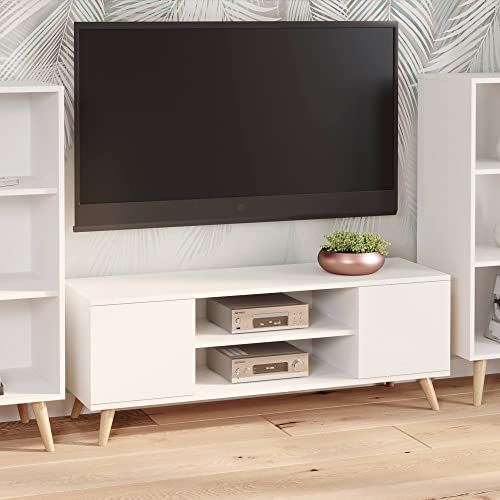 Dmora - Fernsehschrank Lomza, Ständer für Wohnzimmerfernseher, Niedriges Wohnzimmer-Sideboard, TV-Ständerbasis, 155x40 h50 cm, Weiß