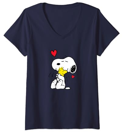 Peanuts Damen T-Shirt mit V-Ausschnitt - Snoopy Lots Of Love - Blau, Small