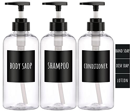Segbeauty Shampoo Flaschen Duschgel Spender, 3 Stück 500 ml Seifenspender, Nachfüllbare Leere Pumpflasche mit Etiketten, für Küche Bad, Transparent