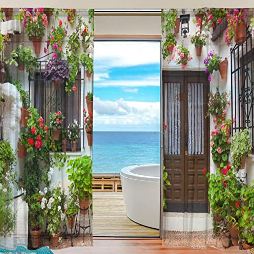 Durchsichtiger Voile-Vorhang für Fenster, spanisches Gartenhaus-Muster, halbtransparent, Gardinenpaneele für Schlafzimmer, Wohnzimmer, Büro, Küche, Vorhänge, Tür, 2 Paneele, 140 x 198 cm