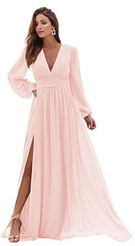 WSEYU Robe de demoiselle d'honneur à col en V et manches longues avec fente en mousseline de soie - Robe de bal plissée avec poches C051A, rose poudré, 38