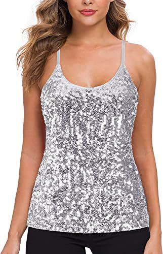 WILLIAMHUA Damen Pailletten Tops Glitzer Oberteile Sparkle Party Weste Ärmellos Tunika Weste Damen Sequin Tank Top (M, Silber)