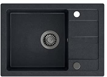 VBChome Fregadero de granito negro, 62 x 44 cm, con escurridor moteado, compuesto reversible + sifón