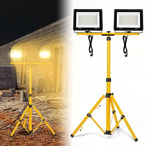 LZQ LED Baustrahler 2*200W Warmweiß Arbeitsleuchte 16000LM Scheinwerfer mit Stativ und Netzkabel, Arbeitsscheinwerfer IP66 Wasserdicht LED Fluter mit Stecker, Bauscheinwerfer für Werkstatt Baustelle