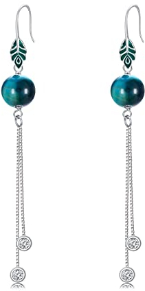 Lange Ohrringe Hängend 925 Sterling Silber Natürlicher Tigerauge Ohrringe Runde Edelstein Ohrhänger Tigerauge Schmuck Geschenk mit Geschenkbox für Damen Mädchen