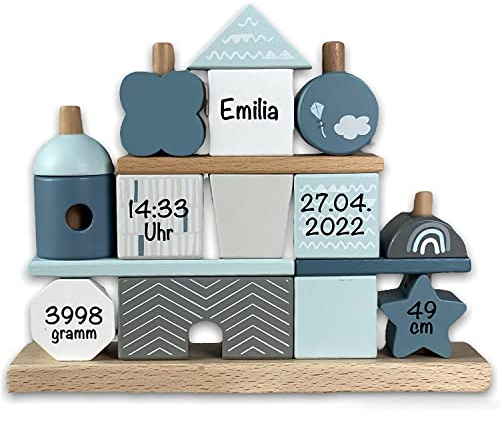 Personalisierte Babygeschenke in Blau I Geschenk zur Geburt Junge I Handmade Spielzeug I Personalisierte Geburtsgeschenke Baby Kind I Geschenkidee mit Name & Geburtsdaten (Steckspiel Haus)