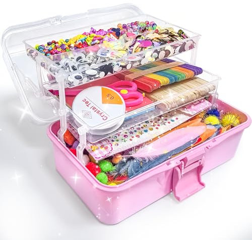 obqo 3000+ Pcs Art and Craft Box for Kids, Toddler Kids Craft Set Included Pipe Cleaners, Pom Poms, Feather, Folding Storage Box - All in One for Kids Craft Supplies (Pink)