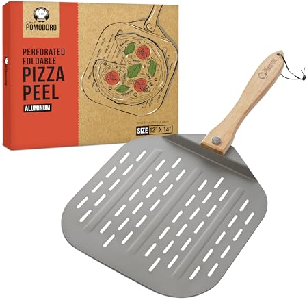 Chef Pomodoro Pala Pizza Horno 30,5 x 35,6 cm, Pala para Pizza Perforada de Aluminio con Mango Plegable de Madera para Fácil Almacenamiento, Accesorios Cocina Hogar Gourmet