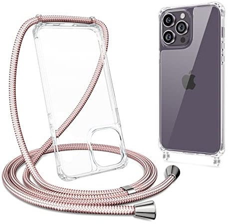 ZTOFERA Crossbody Lanyard Case for iPhone 15 Pro, Ultra Clear Hard Back with Soft Bumper Protective Phone Case with Strap Adjustable Neck Cord Necklace Shockproof Cover for iPhone 15 Pro, Rose Gold
