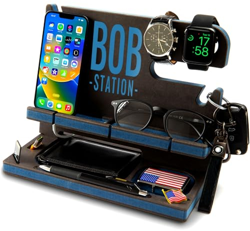 GRETAOTO Personalisiert Holz Ladestation für Handy, Tablet, Geldbörse, Gadgets, Uhr, Schlüssel, Accessories, Schreibtisch Organizer, Ablage für Arbeitstisch, Nachttisch,Geschenke für Männer