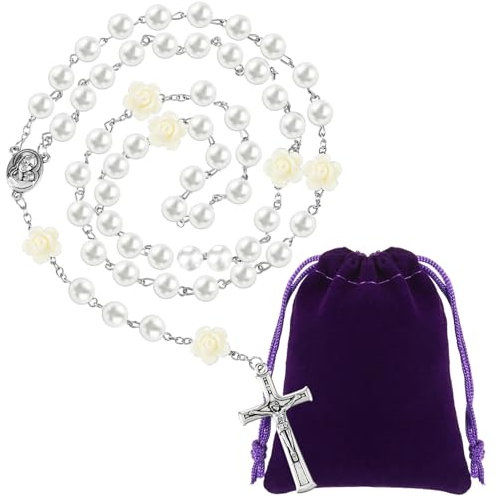 Otuuz Weiße Glasperlen Rosenkranz Halskette mit Samt Geschenkbeutel Katholische Rosenkranz Kette mit Kreuz Anhänger Elegante Gebetskette Erstkommunion Geschenk für Mädchen Damen
