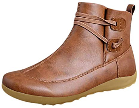 Stivaletti Donna Ballerine Punta Tonda in Pelle Scarpe Antiscivolo Cerniera Comoda Caviglia (A-Brown, 36)