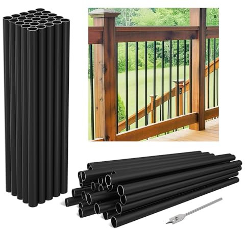 Wqinjk 50-Pack 32x3/4 Aluminum Deck Balusters Hollow Round Deck Railing Spindles Matte Coated Black for Wood and Composite Deck Indoor Outdoor