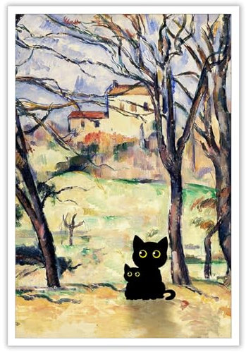 NONPAI Leinwandbild, Motiv: Paul Cezanne im Vintage-Stil, berühmte Öldrucke, Gemälde, Bäume und Häuser, lustige schwarze Katze, ästhetisches Poster, Galerie, rustikales Bauernhaus, Landschaft,