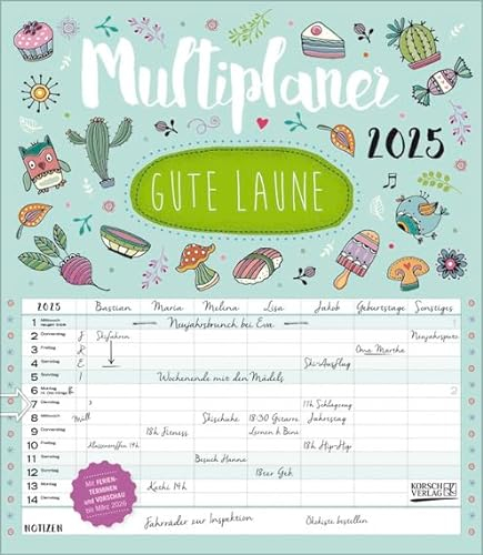Multiplaner Gute Laune - Familienplaner 2025 für bis zu 7 Personen - Korsch-Verlag - Kalender mit 7 Spalten zum Eintragen - 40 cm x 46 cm