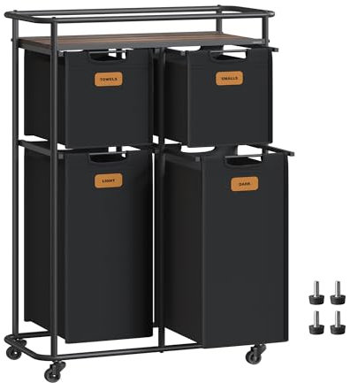 VASAGLE Wäschesortierer, Wäschetrenner mit Rädern, 150 L, Wäschekörbe, beweglicher Wäschewagen mit Ablage, 4 abnehmbare Taschen, 6 Etiketten, tintenschwarz-kastanienbraun RLS100B01