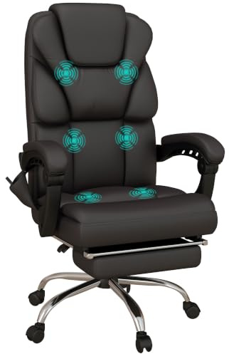 Vinsetto Bürostuhl mit 8 Massagesmodi, Ergonomisch Schreibtischstuhl mit Liegefunktion, Fußstütze, Höhenverstellbar Chefsessel mit Seitentasche, Drehstuhl, Kunstleder, Braun