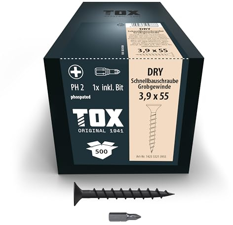 TOX Schnellbauschrauben DRY GG 3,9 x 55 mm, Schrauben schwarz phosphatiert mit Trompetenkopf + Grobgewinde, Gipskartonplatte auf Holz-Unterkonstruktion, PH2, 500 Stück, inkl. 1x Bit, 142353213955