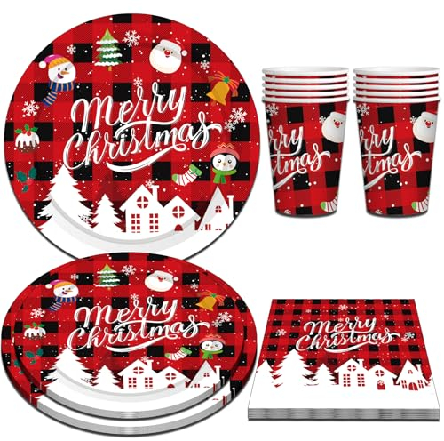 Copbopwn 40PCS Decoraciones para Fiestas de Navidad, Platos Tazas Servilletas Platos de Papel de Navidad Tazas Set de Platos de Navidad Platos Rojos Feliz Navidad Platos Desechables de Navidad