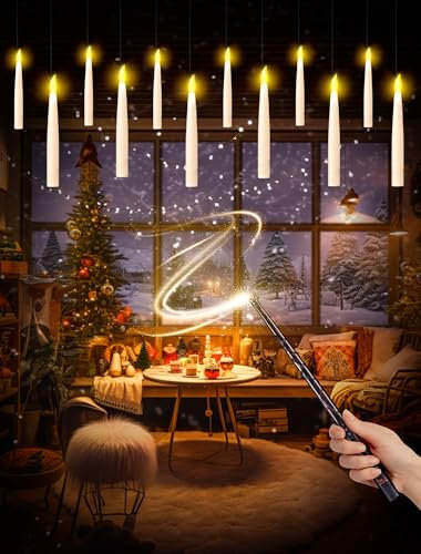 Zyncove 12 Stück Schwebende Kerzen mit Zauberstab Fernbedienung, 16cm LED Stabkerzen, Fliegende Schwimmende LED Kerzen für Haus Kirche Party Halloween, Weihnachten Deko
