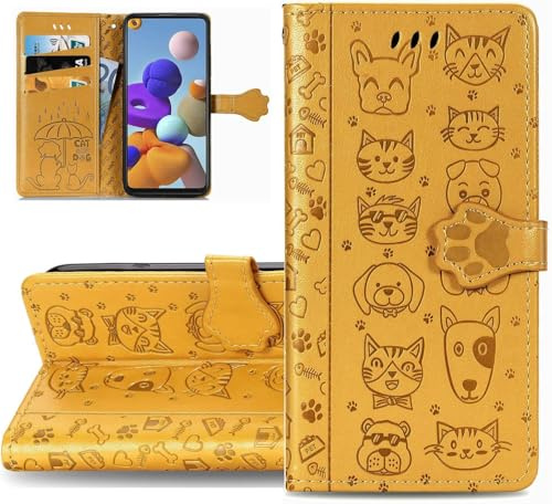 LEMAXELERS Case for iPhone 16 Pro Flip Wallet Case Folio Cover, Cute Cat Dog Embossed Leather Magnetic Closure Kickstand Card Slot Card Holder TPU Inner Shell Book Case for iPhone 16 Pro,SD Cat Yellow
