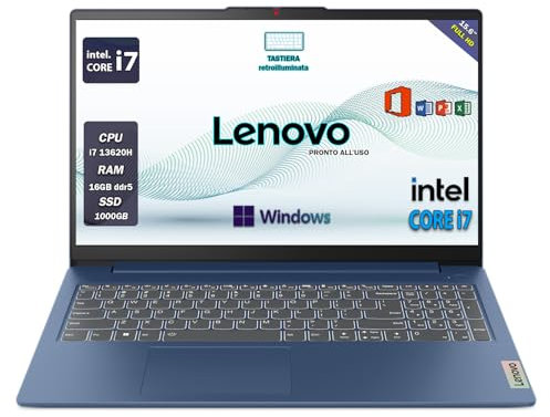 Lenovo Notebook i7, pc portatile intel core 13620h, ram 16Gb ddr5, Display FHD 15,6 IPS, SSD 1 Tb Nvme, Tastiera retroilluminata, Blue, fingeprint, Wi-Fi,USB Thunderbolt 4.0, W11 Pro, Pronto all'Uso